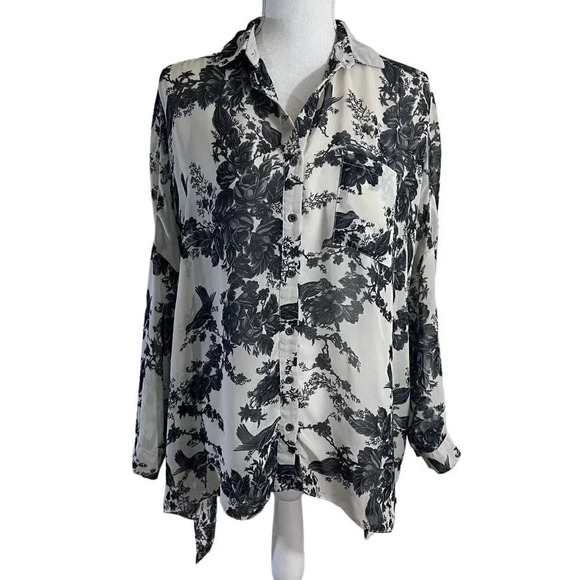 TopShop Bird Tree Pattern Blouse Size 4 Sheer High Low Button Up Long Sleeves - Picture 1 of 10